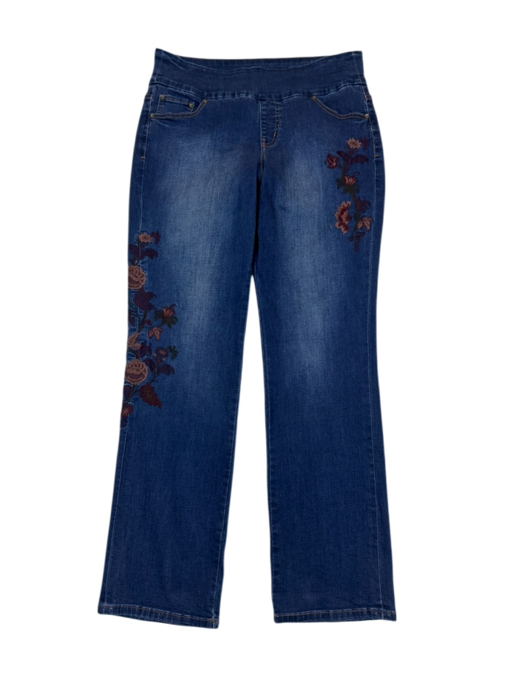Jag Jeans Pull On Floral Embroidered High Rise Straight Leg Jeans Blue Size 16